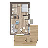 Grundriss Wohnung 8: Schlaf-Zimmer mit Bad, Wohn-Zimmer mit Küchen-Zeile und Eck-Terrasse.
