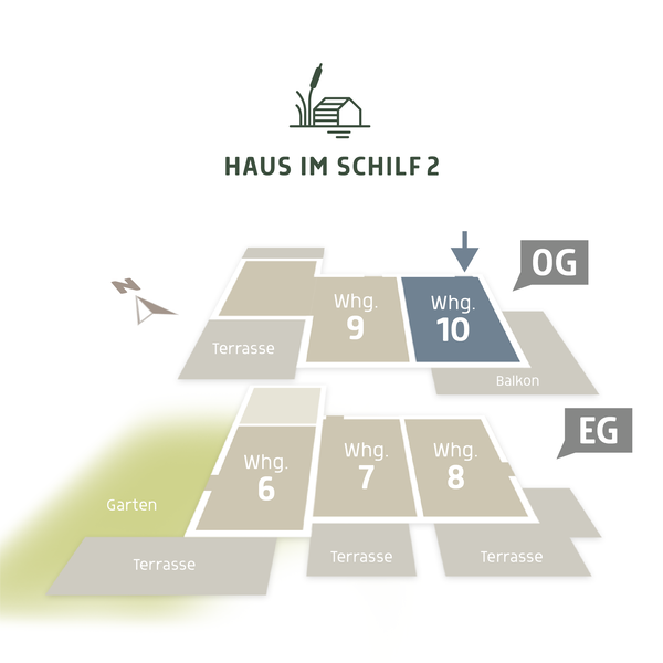  3D Lageplan vom HAUS IM SCHILF 2, Ansicht von oben. Ferienwohnung 10 liegt im Obergeschoss mit umlaufender Terrasse nach Süden.