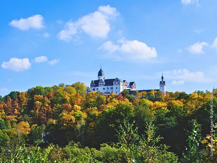 Weißes Schloss auf bunt bewaldetem Hügel