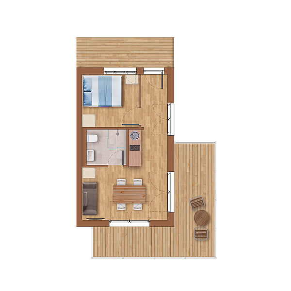 Rechts vom Eingang das Schlafzimmer. Geradeaus ein Gang mit Küchenzeil, der ins Wohnzimmer mit umlaufender Eckterrasse führt. Vom Wohnzimmer führt eine Tür ins Badezimmer mit Dusche. Das Badezimmer liegt zwischen Schlaf-, Wohnzimmer und Küchenzeile.