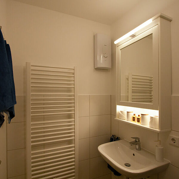 Wohnung 3: Gemütliches Bad mit Heizkörper-Handtuchhalter.