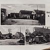 Schwarz-weiß-Postkarte mit der Aufschrift "Gruß aus Klein-Zössen bei Borne". Darauf drei Fotos: Straßen mit Fachwerkhäuser. Auf dem Foto links unten sieht man eine Familie neben einem alten Kastenwagen.