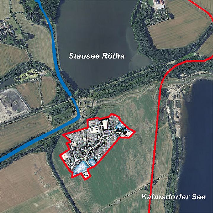 Kartenausschnitt vom Stausee Rötha und dem Kahnsdorfer See. Dazeischen ist der Umriss des ehemaligen Trachenau hineinmontiert.