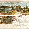 Gemalte Postkarte "Gruss aus Witznitz" mit handschriftlicher Notiz. Bilder vom den Kirche, vom Saal, von der Schule und Gasthof zu Witznitz von L. Frommhold.