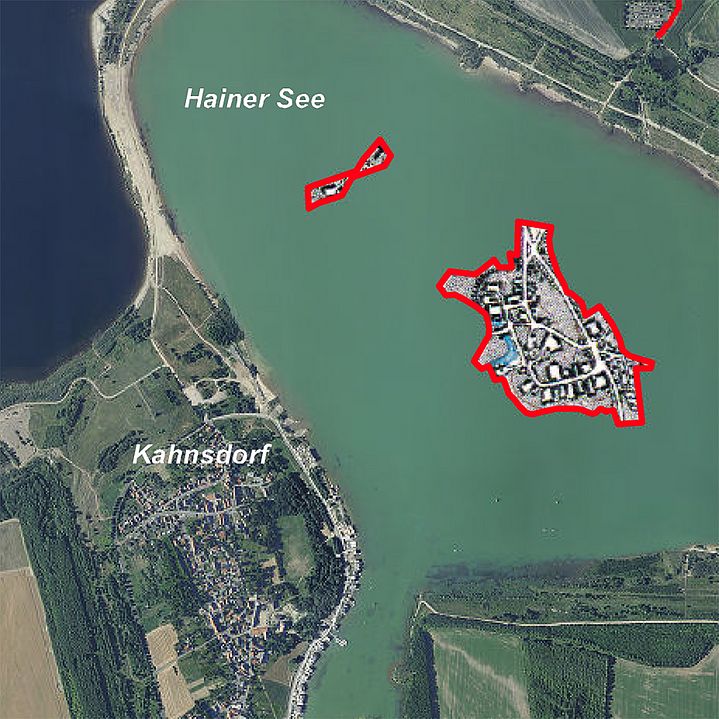 Kartenausschnitt von Hain ist in den Hainer See montiert. Zwischen Kahnsdorf und dem Nordstrand.