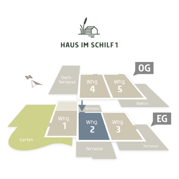 3D Lageplan vom HAUS IM SCHILF 1: Ferienwohnung 2 liegt im Erdrgeschoss mit Terrasse nach Süden, Ansicht von oben
