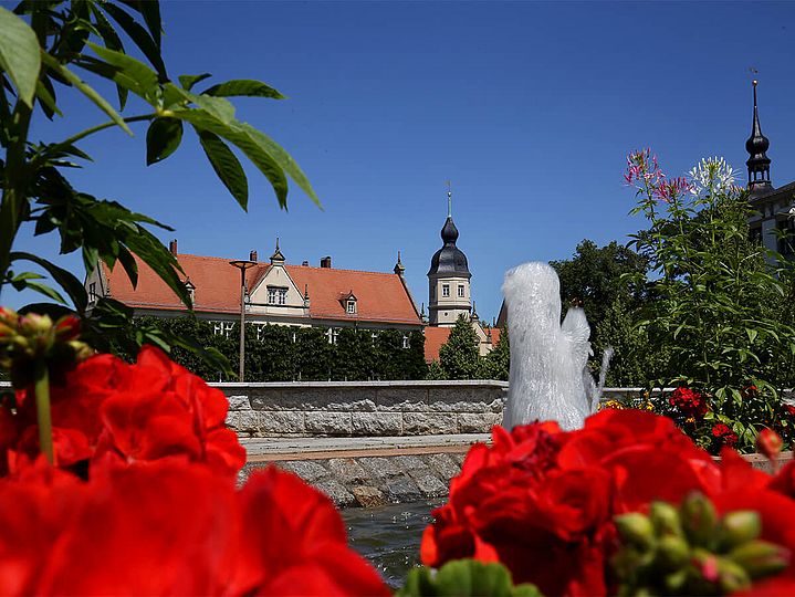 Blick auf auf einen Brunnen und Türme in Riesa.