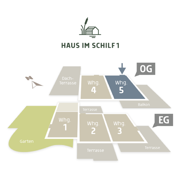  3D-Lageplan vom HAUS IM SCHILF 1, Ansicht von oben. Ferienwohnung 5 liegt im Obergeschoss mit umlaufendem Eckbalkon und Orientierung nach Süden.