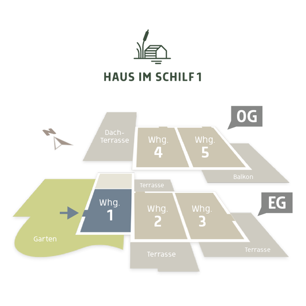 3D Lageplan vom HAUS IM SCHILF 1. Ferienwohnung 1 im Erdgeschoss mit umlaufendem Garten nach Süden, Ansicht von oben