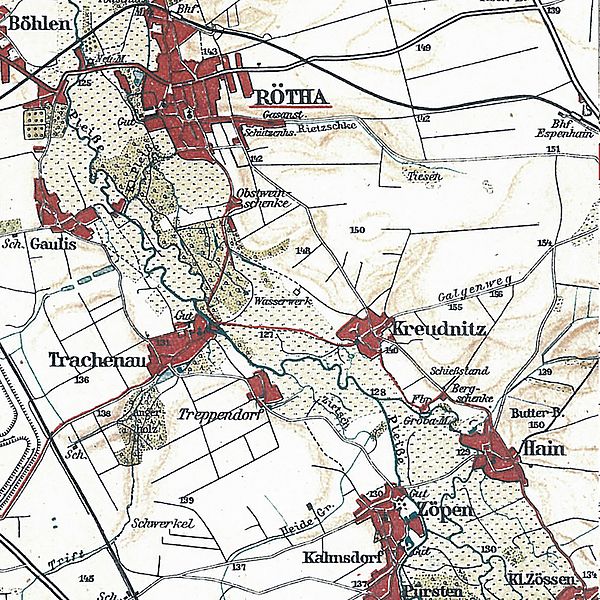 Weiße Karte mit rot eingezeichnetetn Orten entlang der Pleiße: Rötha, Trachenau, Kreudnitz, Hain, Zöpen/Kahnsdorf.