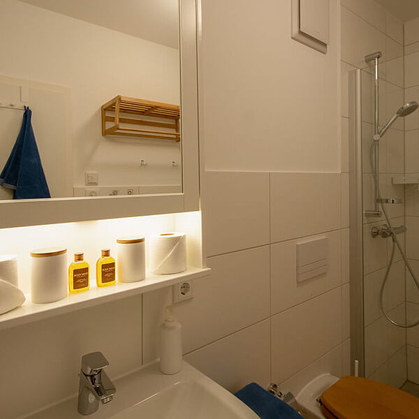 Wohnung 3: Bad mit Spiegel und Ablage.