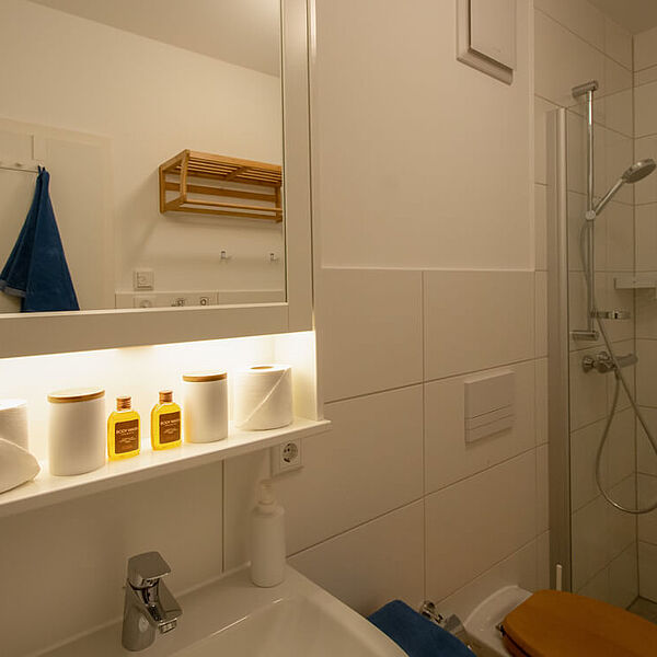 Bad mit Spiegel und Ablage übr dem Waschbecken, daneben eine Toilette und eine Dusche.