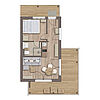 Grundriss Wohnung 10: Schlaf-Zimmer mit Bad, Wohn-Zimmer mit Koch-Bereich, Eck-Balkon.