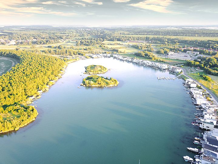 Hainer See Lagune Kahnsdorf von oben mit Inseln