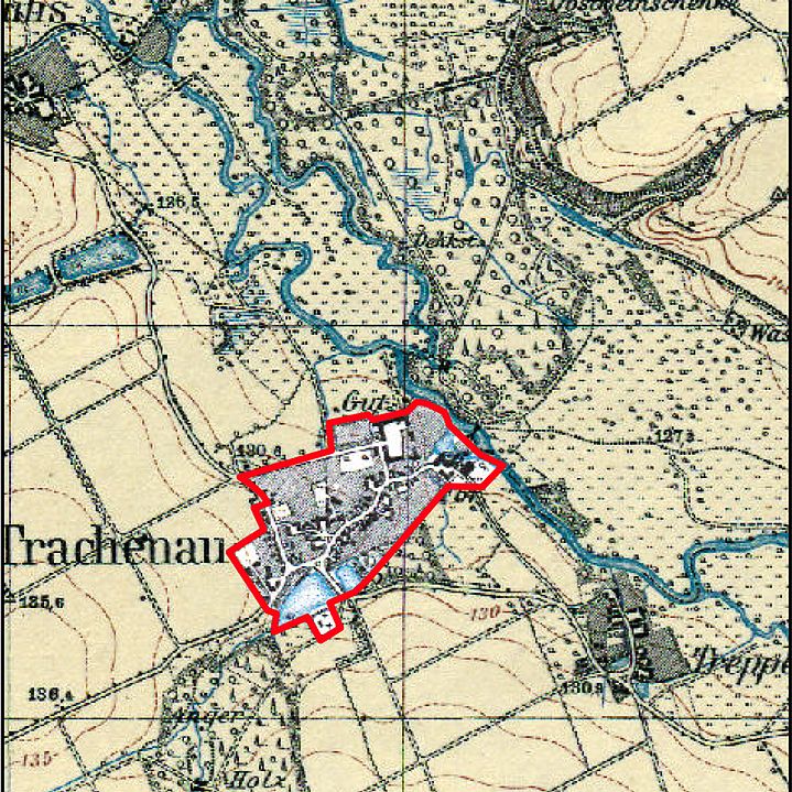 Gelber Kartenausschnitt. Trachenau ist rot umrandet und liegt westlich von Treppendorf.