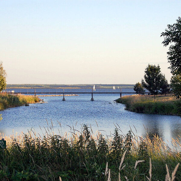 Bucht am Cospudener See mit Brücke.