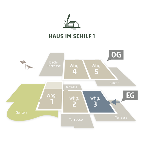  3D Lageplan vom HAUS IM SCHILF 1: Ferienwohnung 3 im Erdgeschoss mit umlaufender Terrasse nach Süden, Ansicht von oben