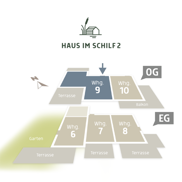  3D Lageplan vom HAUS IM SCHILF 2, Ansicht von oben. Ferienwohnung 9 liegt im Obergeschoss mit Dachterrasse nach Süden.