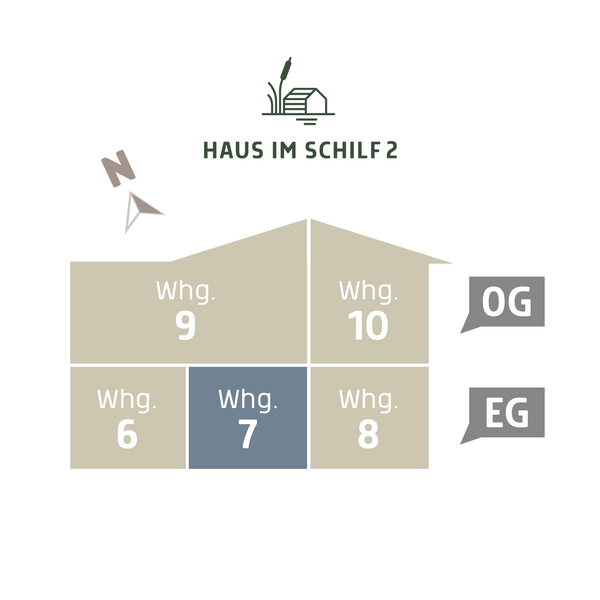  3D Lageplan vom HAUS IM SCHILF 2, Ansicht von der Seite. Ferienwohnung 7 liegt im Erdgeschoss.