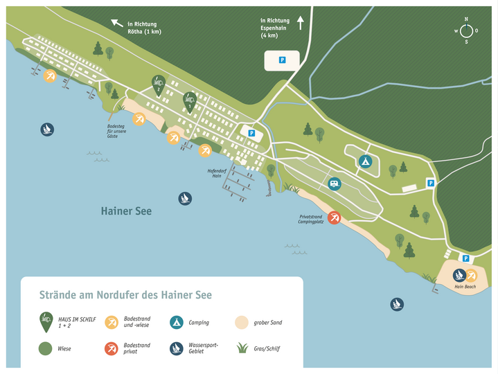 Plan der Badestrände und Bootsliegeplätze beim HAUS IM SCHILF