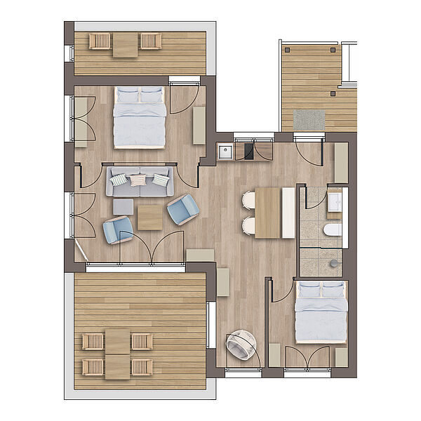 Grundriss Wohnung 9: Schlaf-Zimmer 1, Schlaf-Zimmer 2 mit Balkon, Bad, Wohn-Zimmer mit Koch-Bereich und Dach-Terrasse.