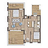 Grundriss Wohnung 9: Schlaf-Zimmer 1, Schlaf-Zimmer 2 mit Balkon, Bad, Wohn-Zimmer mit Koch-Bereich und Dach-Terrasse.