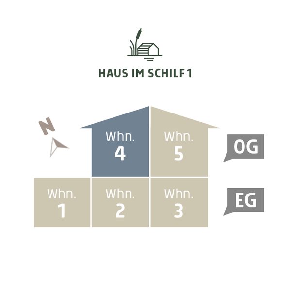  3D-Lageplan von Ferienwohnung 4 im HAUS IM SCHILF 1. Ansicht von der Seite. Ferienwohnung 4 befindet sich im Obergeschoss.