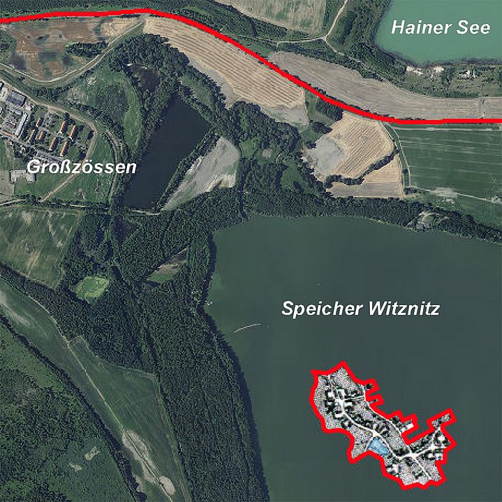 Kartenausschnitt vom Speicher Witznitz, südlich vom Hainer See und östlich von Großzössen. Ein Kartenausschnitt von Witznitz ist in den Speicher Witznitz hineinmontiert.
