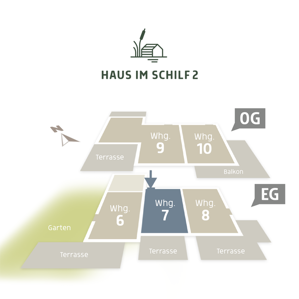  3D Lageplan vom HAUS IM SCHILF 2, Ansicht von oben. Ferienwohnung 7 liegt im Erdgeschoss mit Terrasse nach Süden.