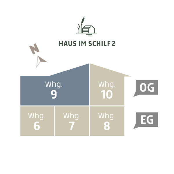  3D Lageplan vom HAUS IM SCHILF 2, Ansicht von der Seite. Ferienwohnung 9 liegt im Obergeschoss.