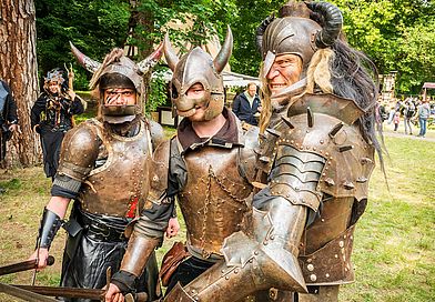 Drei Menschen in Ritter-Rüstung auf einer Wiese