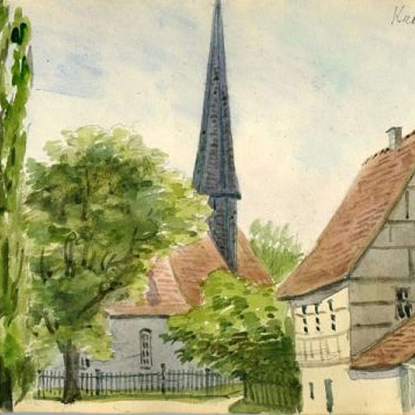 Gemälde von Kreudnitz. Im Hintergrund eine umzäunte Kirche und rechts ein Fachwerkhaus.