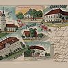Farbige Postkarte mit 6 gezeichneten Bildern. Als Überschrift steht "Gruss aus Kahnsdorf" und zu den einzelenen Bildern "Rittergut Zöpen", "Gasthaus Pürsten", "Gasthaus Zöpen", "Rittergut Kahnsdorf", "Gasthof Kahnsdorf", "Kirche". Rechts steht in Sütterlin ein handschriftlicher Gruß an den lieben Willy.