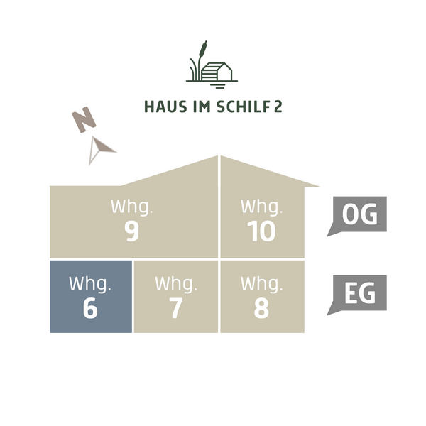  3D Lageplan vom HAUS IM SCHILF 2, Ansicht von der Seite. Ferienwohnung 6 liegt im Erdgeschoss.