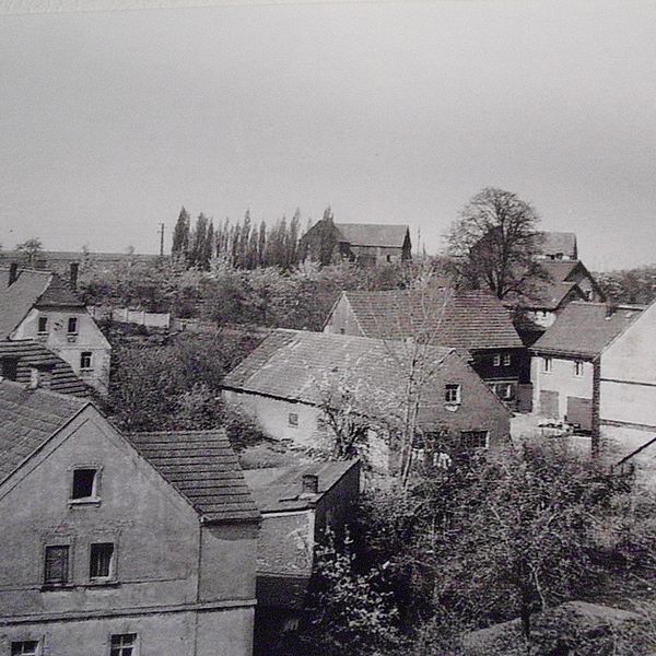 Schwarz-weiß-Foto über Dächer und Gärten.