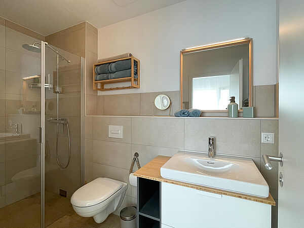 Bad mit Glas-Dusche, Toilette, Spiegel und Wasch-Becken.