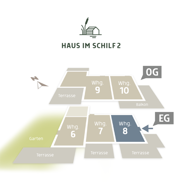  3D Lageplan vom HAUS IM SCHILF 2, Ansicht von oben. Ferienwohnung 8 liegt im Erdgeschoss mit umlaufender Terrasse nach Süden.