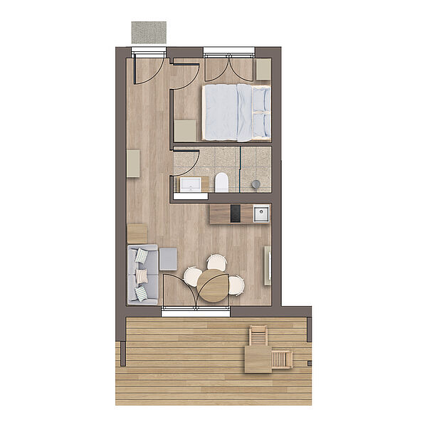 Wohnungsplan: Gang mündet ins Wohnzimmer mit Küche und Zugang zur Terrasse. Schlafzimmer und Bad separat.