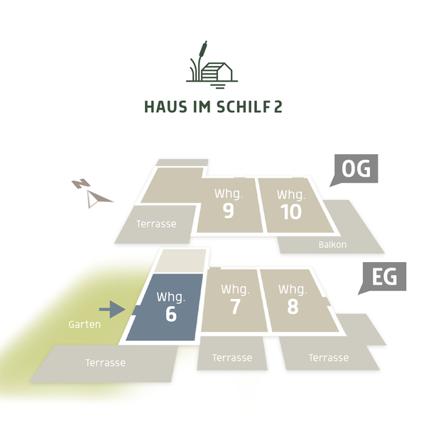  3D Lageplan vom HAUS IM SCHILF 2, Ansicht von oben. Ferienwohnung 6 liegt im Erdgeschoss mit Terrasse und Garten nach Süden.