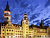 Chemnitzer Rathaus bei Nacht.