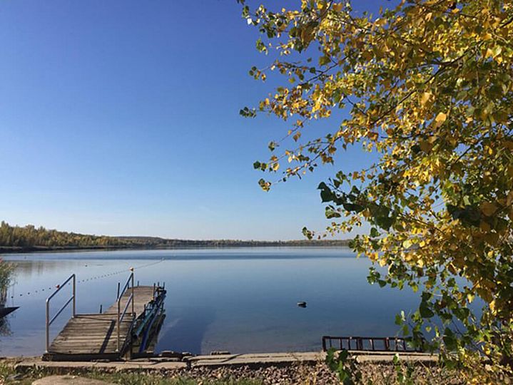Ein Steg ragt llinks ins blaue Wasser. Auf der rechten Seite ist die herbstliche Krone eines Baumes zu sehen.