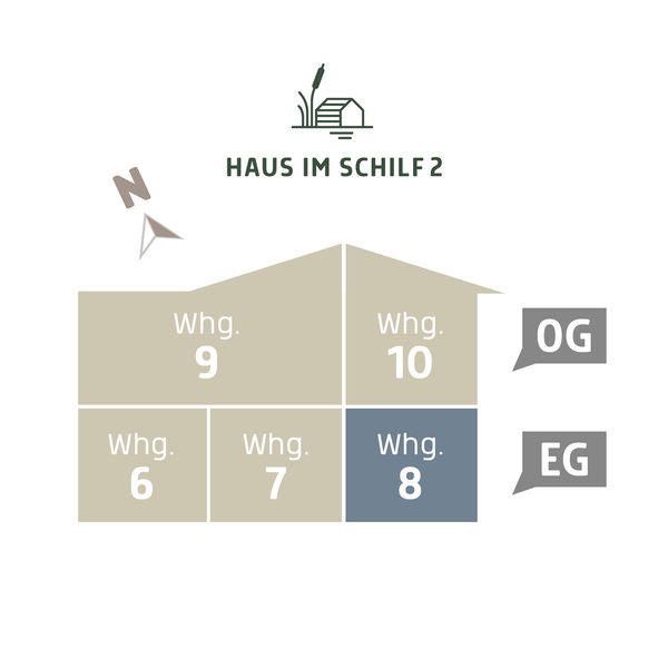  3D Lageplan vom HAUS IM SCHILF 2, Ansicht von der Seite. Ferienwohnung 8 liegt im Erdgeschoss.