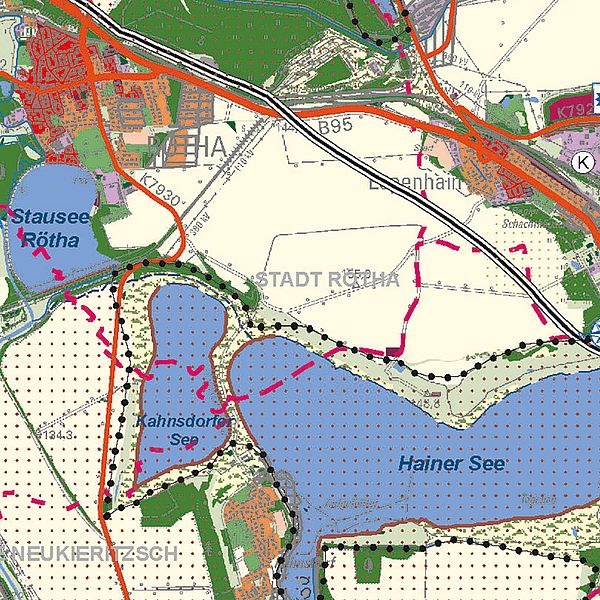 Bunte Karte mit dem blauen Hainer und Kahnsdorfer See im Norden und Westen von Kahnsdorf.
